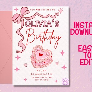 May include: Printable birthday party invitation with a pink and white heart-shaped cake and the text "YOU ARE INVITED TO OLIVIA'S Birthday AT 2PM 20 JANUARY, 2024 123 ANYWHERE ST., ANY CITY, ST 12345 JAX".