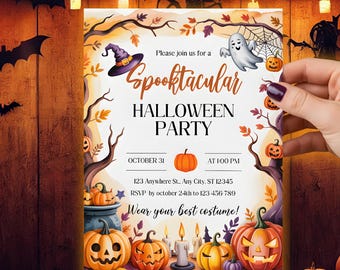 Bewerkbare uitnodiging voor Halloween-feest | Pompoenthema | Bewerkbare Spooky Pumpkin Halloween-feestuitnodiging direct downloaden |