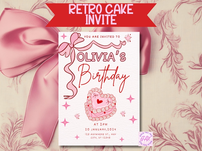 May include: A pink and red birthday party invitation with a retro cake design. The invitation says "You are invited to Olivia's Birthday" and includes the date, time, and location of the party.