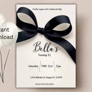 Convite de aniversário com laço preto e coquete | Design elegante em preto e creme | Convite com laço preto e coquete | Download instantâneo