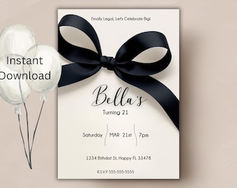 Coquette Black Bow Birthday Invitation | Elegant Black and Cream Design | Coquette Black Bow Invitation | Instant Download