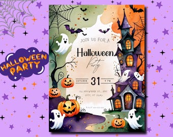 Watercolor Halloween Party Invitation Template: Editable Kids Evite (Instant Download, Canva Edit