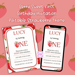 First Birthday Invitation Editable Berry First Birthday Invitation | Strawberry  Theme | 1st birthday Canva template