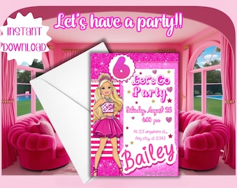 Editable Fashion Doll Party Invitation, Barbii Girl Party Invite, Girls Birthday Invite Doll Birthday Invitation Pink Barb Birthday Invite