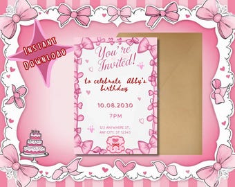 Vintage Cake Birthday Invitation, Vintage Cake Birthday invite, Pink and Red Retro Cake Invite; editable template