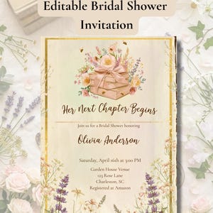 A New Chapter Bridal Shower Invitation Template, Book Themed Bridal Shower Invite, Storybook Wildflower Floral Hen Party, Editable Template