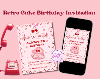 Retro Cake Birthday Invitation  Vintage Retro Birthday Invite Heart Cake Invite Coquette Invite Pink Cake Pink bow Retro invite Template