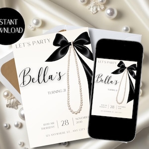 Editable Black Bow Birthday Invitation Template, Modern Black Bow Birthday Invite, Black Ribbon Coquette Birthday Party