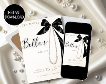 Black Bow Birthday Invitation Template: Elegant Milestone Party (Digital Download)