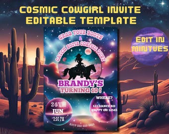 May include: A purple, pink, and blue cosmic-themed birthday party invitation with a silhouette of a cowgirl riding a horse. The text reads "Grab your boots & catch some cosmic dust. Brandy's turning 10!" with the date, time, and location.