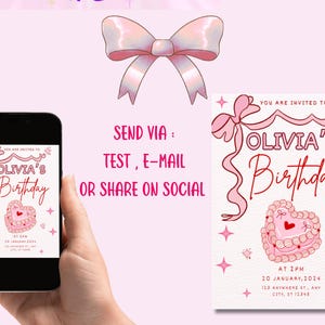 May include: A pink and white birthday invitation with a heart-shaped cake and the text "You are invited to Olivia's Birthday" and "At 2PM, 20 January, 2024, 123 Anywhere St, Any City, ST 12345".
