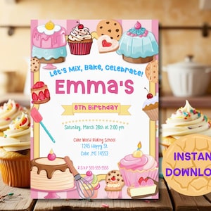 Editable Baking Birthday Party Invitation, Baking Party Invite, Cooking Birthday Invitation,Cupcake Birthday