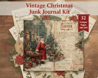 Kit de Diário de Natal Vintage, Download Digital de 32 Páginas, Papel Decorativo Imprimível com Tema de Papai Noel, Materiais para Diário de Natal