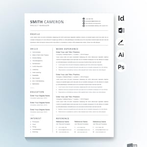 May include: A professional resume template with a clean, minimalist design. The document features sections for profile, skills, work experience, education, and interests. The layout is primarily white with black text, and includes contact information at the top.