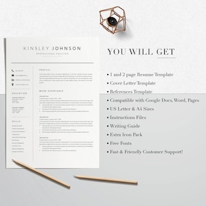 May include: A resume template with the name "Kinsley Johnson" at the top. The resume includes sections for profile, work experience, education, and skills. The text "YOU WILL GET" is displayed with a list of included items, such as resume and cover letter templates.