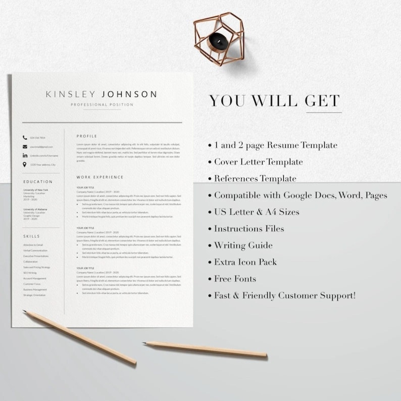 May include: A resume template with the name "Kinsley Johnson" at the top. The resume includes sections for profile, work experience, education, and skills. The text "YOU WILL GET" is displayed with a list of included items, such as resume and cover letter templates.