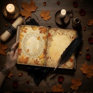 Autumn Gothic Junk Journal Pages main listing image featuring a vintage open notebook with dark floral patterns and 26 digital paper thumbnails on a moody wood background.