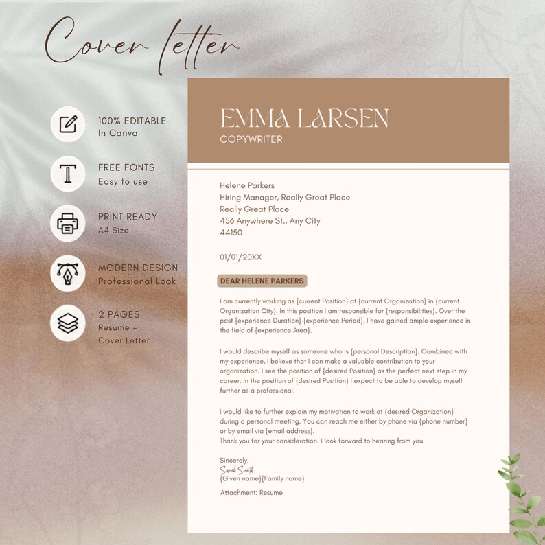 Professional cover letter template editable in Canva showing Emma Larsen copywriter with warm brown header, feature callout icons for 100 percent editable in Canva, free fonts easy to use, print ready A4 size, modern design professional look, and 2 pages resume plus cover letter – addressed to Helene Parkers with three body paragraphs and Sarah Smith signature