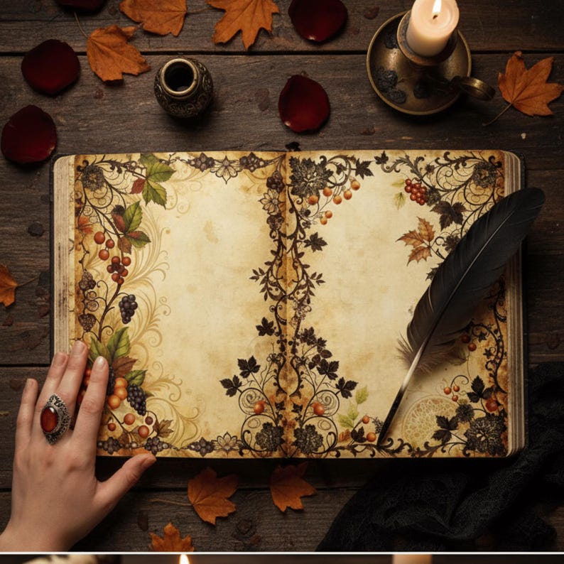 Autumn Gothic Junk Journal Pages main listing image featuring a vintage open notebook with dark floral patterns and 26 digital paper thumbnails on a moody wood background.