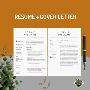 Professional resume and matching cover letter template bundle showing side-by-side layout for Sophie Williams – ATS friendly minimalist design with two-column resume including profile, education, skills, expertise, experience sections and a clean cover letter with info panel