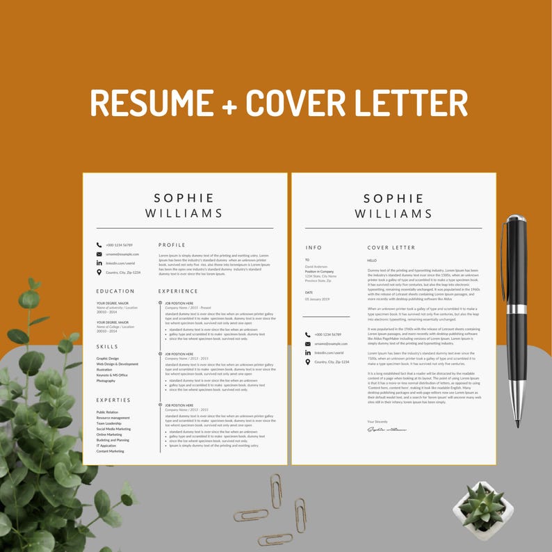 Professional resume and matching cover letter template bundle showing side-by-side layout for Sophie Williams – ATS friendly minimalist design with two-column resume including profile, education, skills, expertise, experience sections and a clean cover letter with info panel
