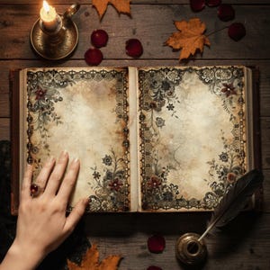 Puede incluir: Un libro antiguo abierto con bordes florales y de encaje ornamentados, papel envejecido y una mano con un anillo. Una vela encendida, un tintero con una pluma, pétalos de rosa y hojas de otoño están dispuestos sobre una superficie de madera.