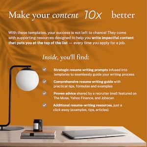 Marketing slide for professional resume template bundle highlighting included resources: strategic resume writing prompts, comprehensive resume writing guide with tips and formulas, proven recruiter advice featured on The Muse and Yahoo Finance, and additional resume writing resources and examples