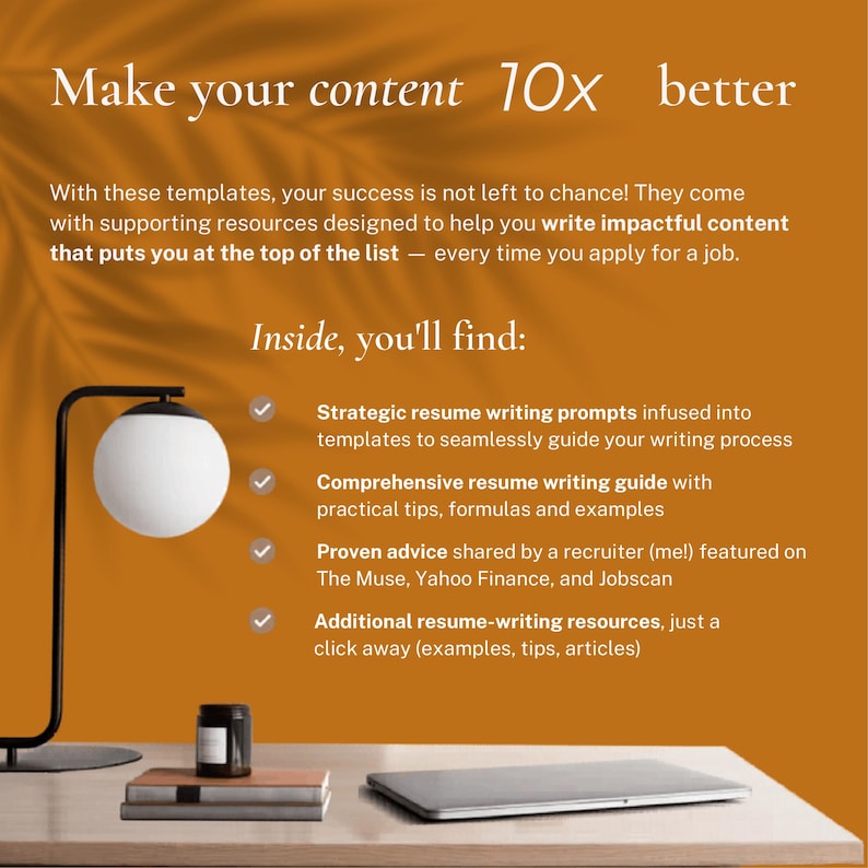 Marketing slide for professional resume template bundle highlighting included resources: strategic resume writing prompts, comprehensive resume writing guide with tips and formulas, proven recruiter advice featured on The Muse and Yahoo Finance, and additional resume writing resources and examples