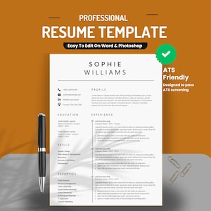 ATS friendly professional resume template for Word and Photoshop featuring Sophie Williams name, two-column minimalist layout with profile, education, skills, expertise, and experience sections – modern executive CV design 2026