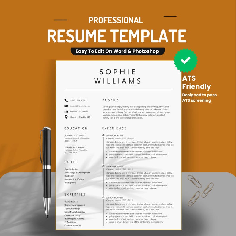 ATS friendly professional resume template for Word and Photoshop featuring Sophie Williams name, two-column minimalist layout with profile, education, skills, expertise, and experience sections – modern executive CV design 2026
