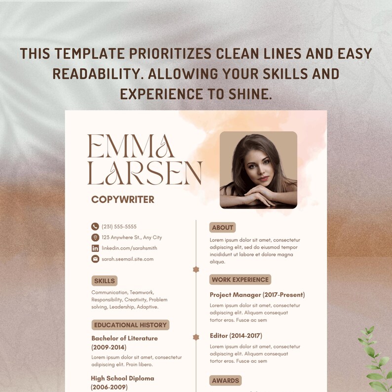 Clean lines and easy readability modern resume template showing Emma Larsen copywriter full-page layout with watercolor peach and cream background, large serif name typography, professional photo, contact info, skills, educational history with bachelor degree and high school diploma, work experience project manager 2017 present and editor 2014 to 2017, and awards sections – elegant Canva CV template 2026