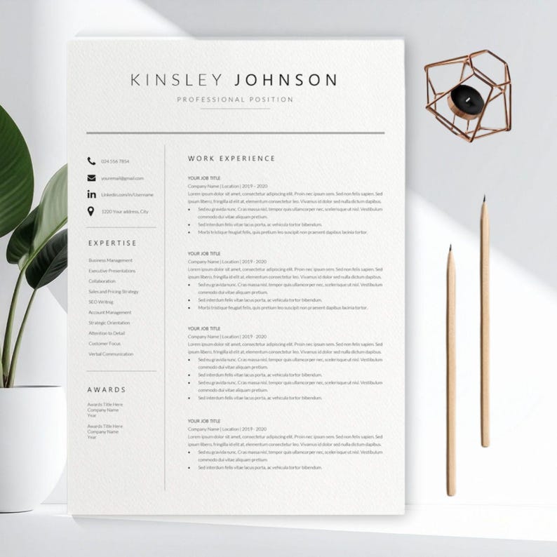 Minimalist simple resume template for Word, professional curriculum vitae with editable fonts and colors, one-page and two-page layouts