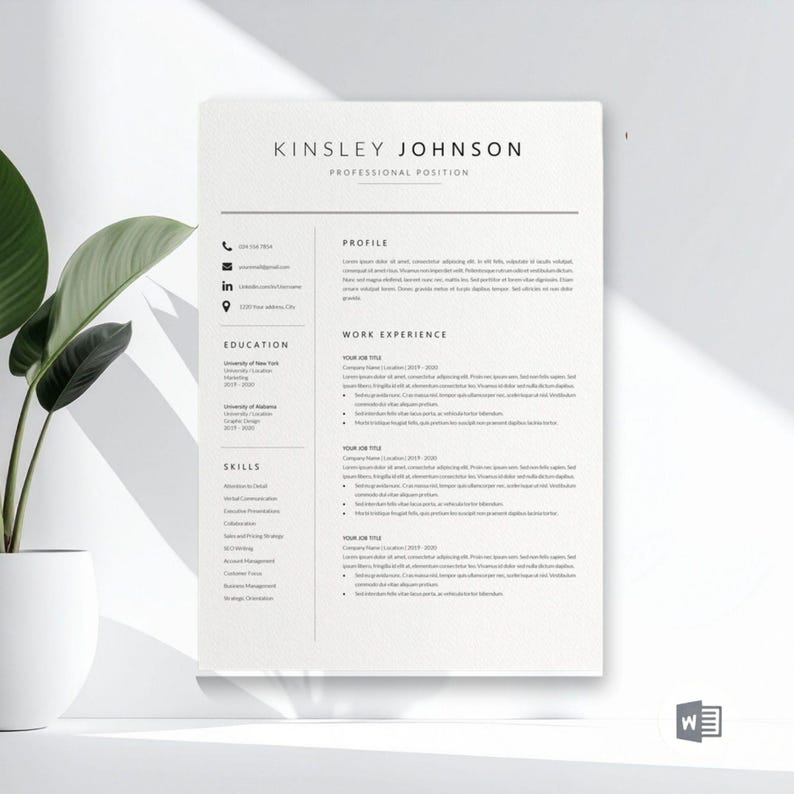 Professional resume template for Word and Pages, modern minimalist CV design, editable one-page resume with cover letter included.