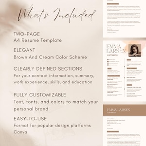 What is included slide for modern Canva resume template bundle featuring Emma Larsen copywriter showing two-page A4 resume template, elegant brown and cream color scheme, clearly defined sections for contact information summary work experience skills and education, fully customizable text fonts and colors to match personal brand, easy to use format for Canva – resume and cover letter previews displayed side by side