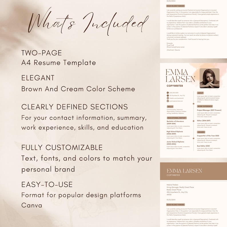 What is included slide for modern Canva resume template bundle featuring Emma Larsen copywriter showing two-page A4 resume template, elegant brown and cream color scheme, clearly defined sections for contact information summary work experience skills and education, fully customizable text fonts and colors to match personal brand, easy to use format for Canva – resume and cover letter previews displayed side by side