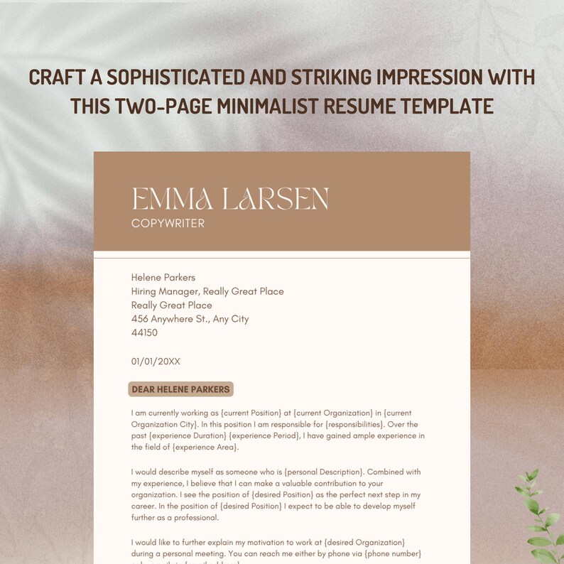 Sophisticated minimalist two-page resume template cover letter page showing Emma Larsen copywriter with warm brown header, addressed to Helene Parkers Hiring Manager at Really Great Place dated 01 01 20XX with Dear Helene Parkers salutation and three customizable paragraphs – elegant professional cover letter Canva template instant download 2026