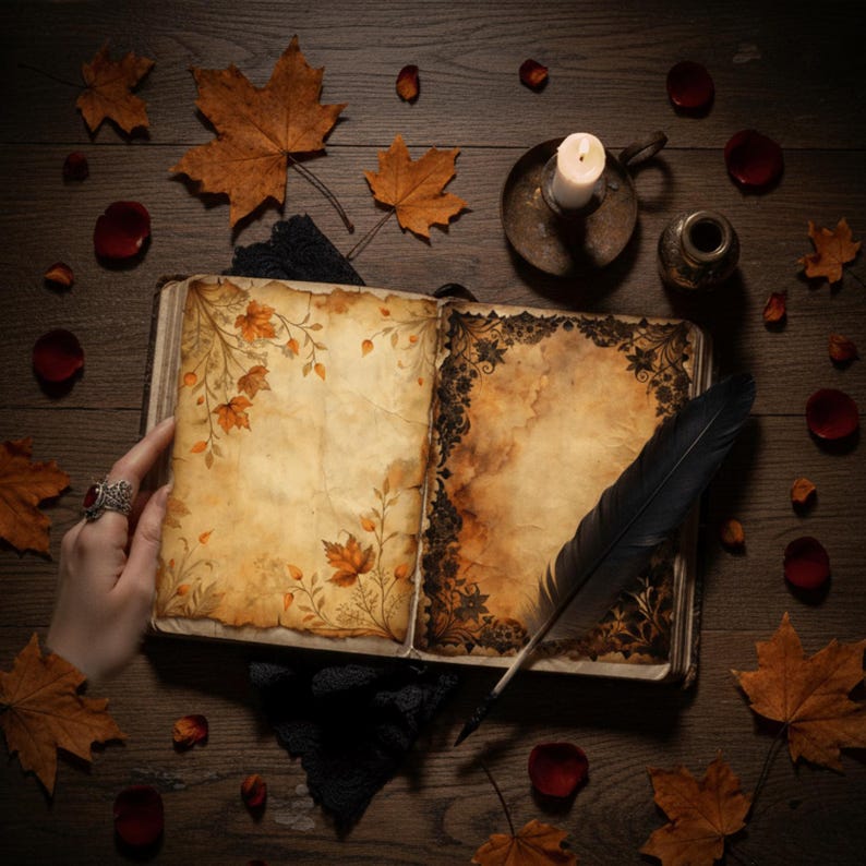 Autumn Gothic Junk Journal Pages main listing image featuring a vintage open notebook with dark floral patterns and 26 digital paper thumbnails on a moody wood background.