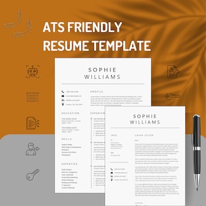 ATS friendly resume template bundle showing resume and cover letter side by side with digital ATS security icons overlay – professional minimalist CV with two-column layout including profile, education, skills, expertise, and experience sections plus a structured cover letter for job applications 2026