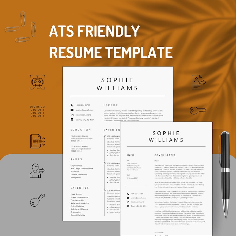 ATS friendly resume template bundle showing resume and cover letter side by side with digital ATS security icons overlay – professional minimalist CV with two-column layout including profile, education, skills, expertise, and experience sections plus a structured cover letter for job applications 2026