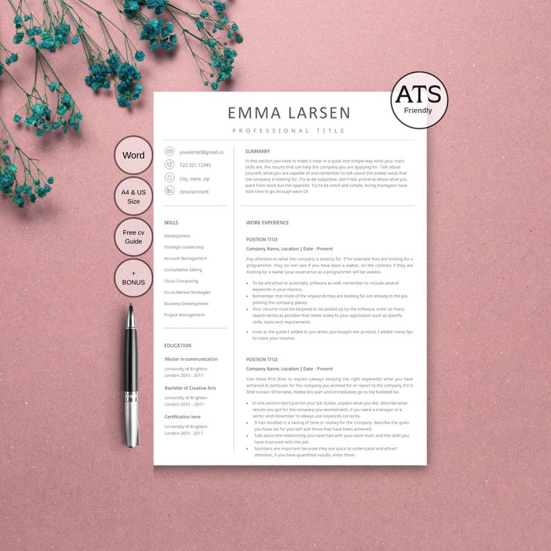 Professional resume template with modern CV design, ATS resume template features, and editable formats for Google Docs and Word Resume.
