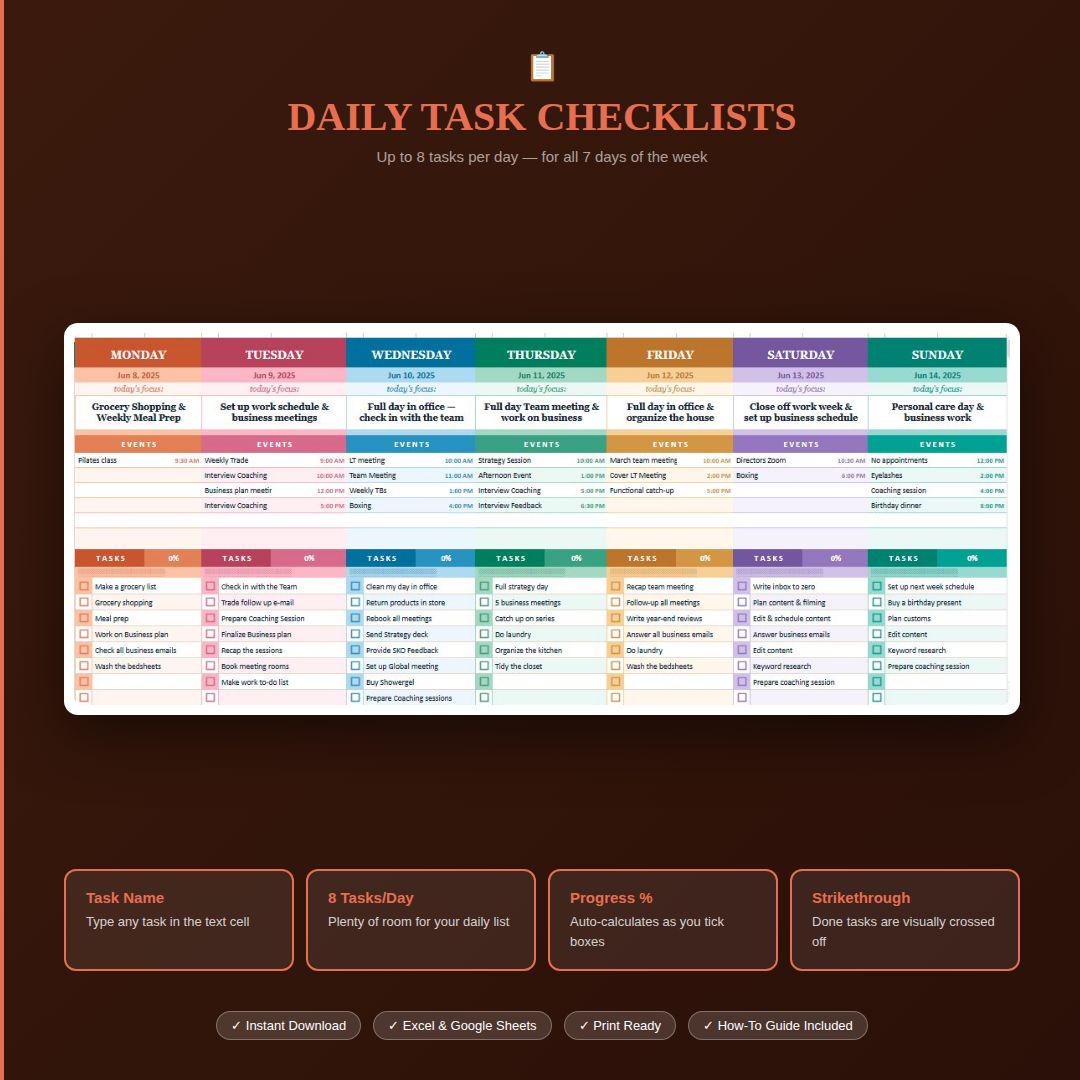Excel Week Task Planner Weekly Planner Excel Template | All-in-one Productivity Spreadsheet ...