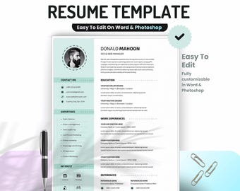 ATS Resume Template Word, Professional Minimalist Resume, Editable CV with Photo, Modern Job Application, Instant Download for Career Change