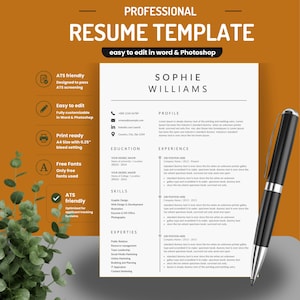 Professional ATS-optimized resume template with feature callouts including ATS friendly screening pass, easy to edit in Word and Photoshop, print ready A4 size with 0.25 inch bleed, free fonts only, and fully customizable minimalist executive CV layout