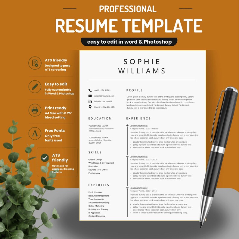 Professional ATS-optimized resume template with feature callouts including ATS friendly screening pass, easy to edit in Word and Photoshop, print ready A4 size with 0.25 inch bleed, free fonts only, and fully customizable minimalist executive CV layout