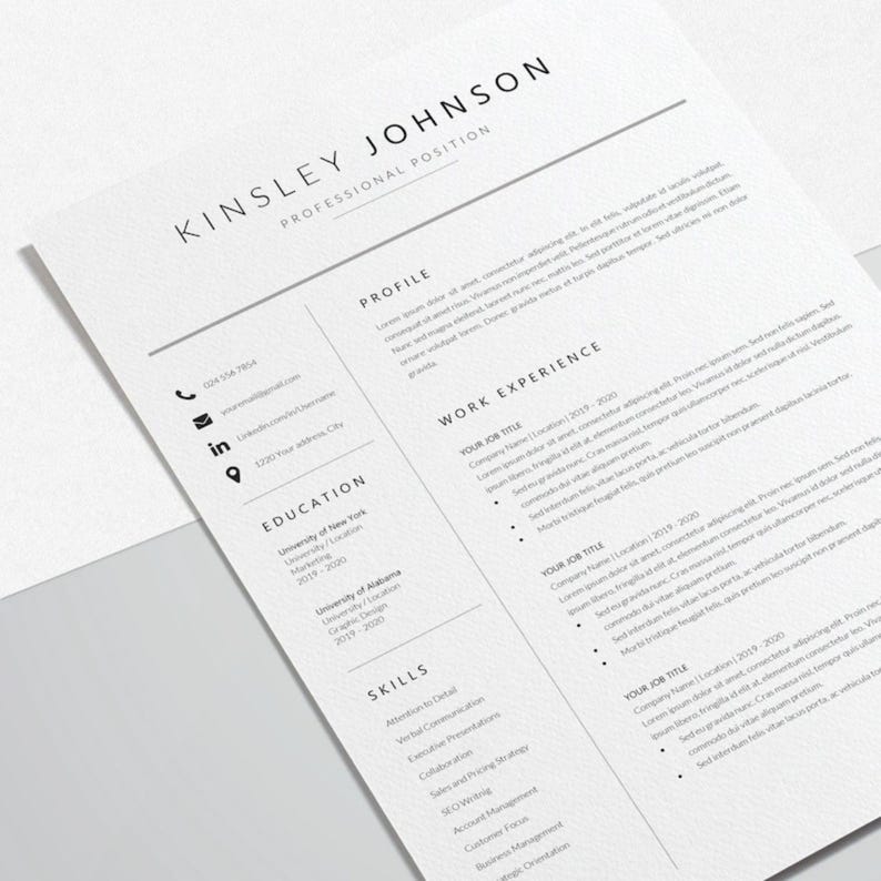 Minimalist simple resume template for Word, professional curriculum vitae with editable fonts and colors, one-page and two-page layouts