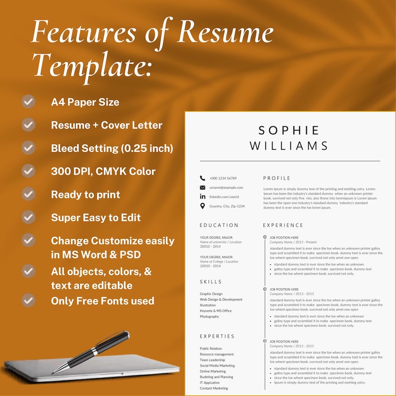 Features list for professional ATS friendly resume template including A4 paper size, resume plus cover letter, 0.25 inch bleed setting, 300 DPI CMYK color, ready to print, super easy to edit, customizable in MS Word and PSD, all objects colors and text editable, only free fonts used – minimalist executive CV template 2026