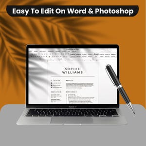 ATS friendly professional resume template open in Microsoft Word on MacBook Air showing Sophie Williams two-column minimalist CV layout with profile and experience sections – easy to customize Word document resume template 2026