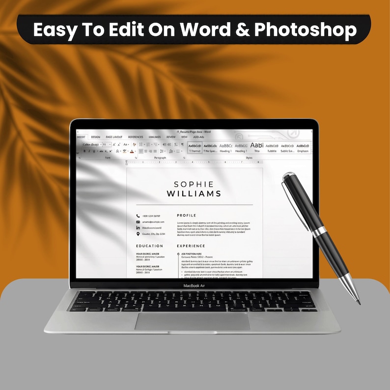 ATS friendly professional resume template open in Microsoft Word on MacBook Air showing Sophie Williams two-column minimalist CV layout with profile and experience sections – easy to customize Word document resume template 2026