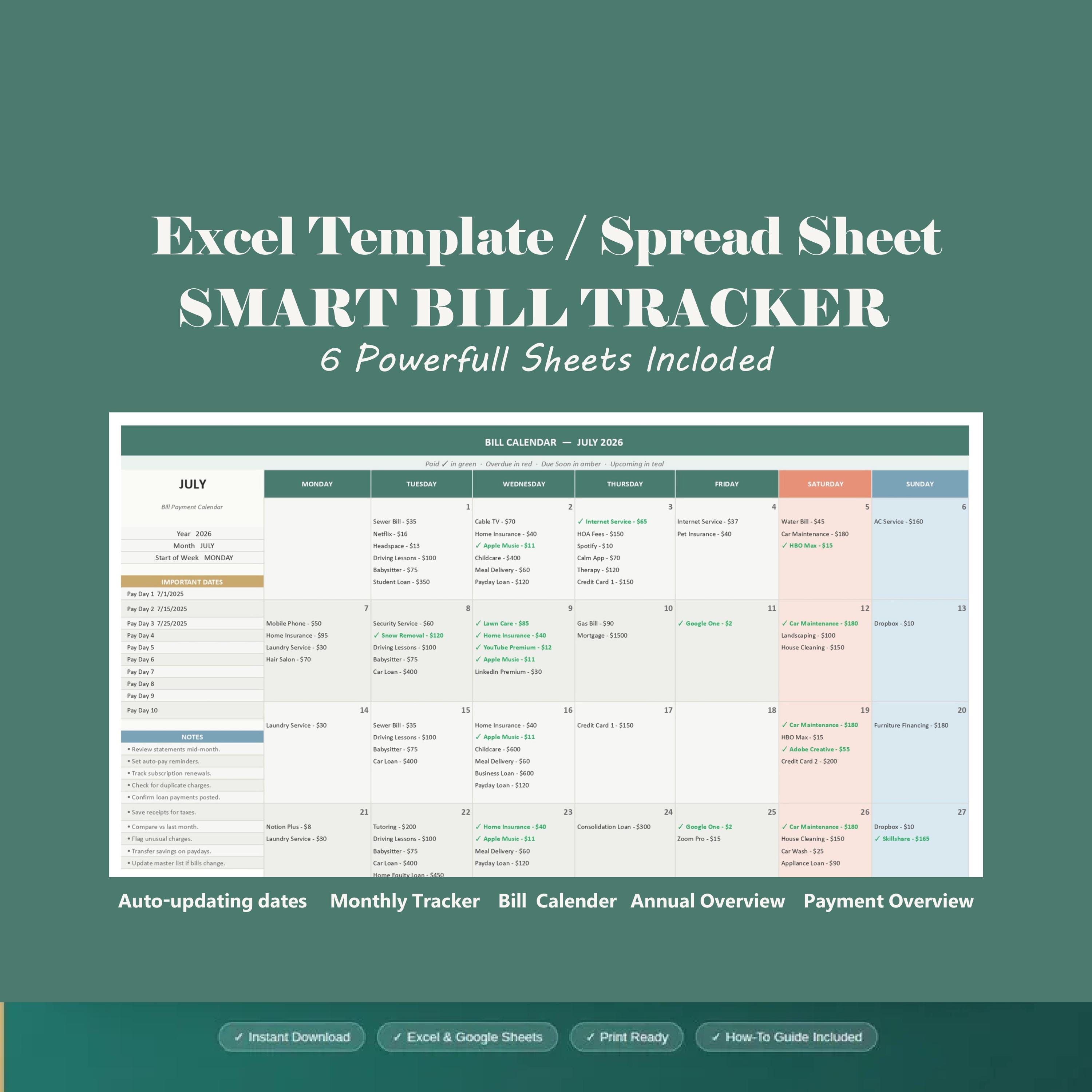 Bill Tracker Spreadsheet Google Sheets | Monthly Bill Planner | Bill ...