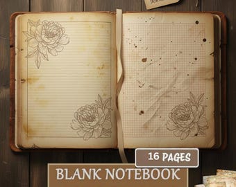 Blank Notebook Junk Journal Paper | Printable Lined Paper | Junk Journal Supplies Kit | Scrapbook Pages | Vintage Digital Papers Pack